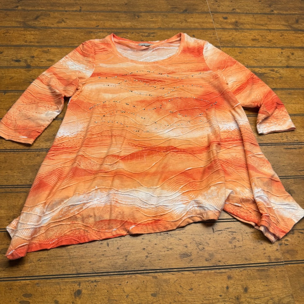 Laura Ashley Women's Orange Wave Print Rhinestone Embellished Tunic Top‎ PM